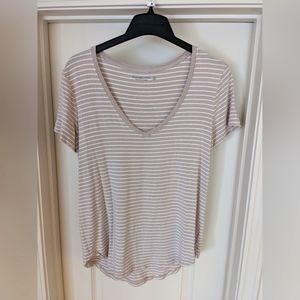 Abercrombie & Fitch AF Drapey T- tan & white striped v-neck Medium M